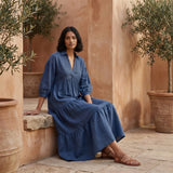 Navy Blue Cotton Linen Deep-V Maxi Tier Dress