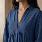 Navy Blue Cotton Linen Deep-V Maxi Tier Dress