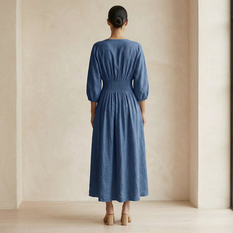 Buy Navy Blue Cotton-Linen Deep-V Neck Empire Waist Maxi Dress Online at  SeamsFriendly