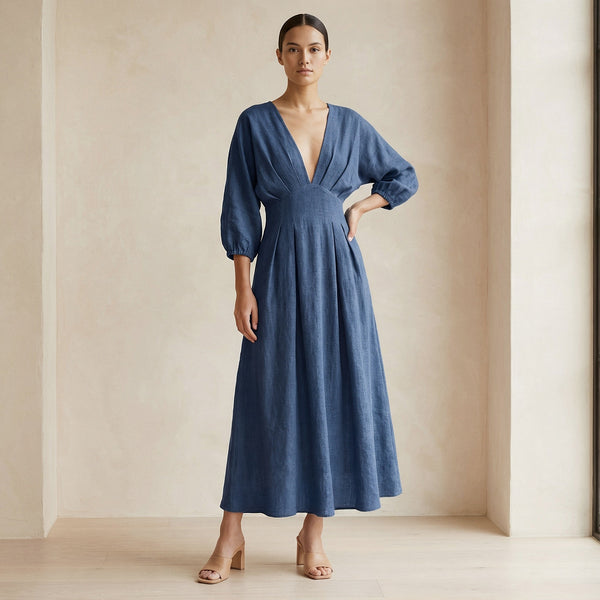 linen v neck dress Women's V-Neck Sleeveless Cotton Mini Thread Thesis Crystal deep V Navy Blue Cotton-Linen Deep-V Neck