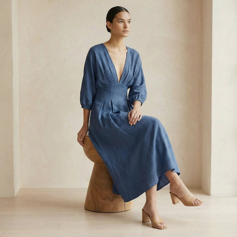 Navy Blue Cotton-Linen Deep-V Neck Empire Waist Maxi Dress Custom Size (Free) / Petite (5'1" and below) Navy Blue Cotton-Linen Deep-V Neck Empire Waist Maxi Dress Custom Size (Free) / Petite (5'1" and below)