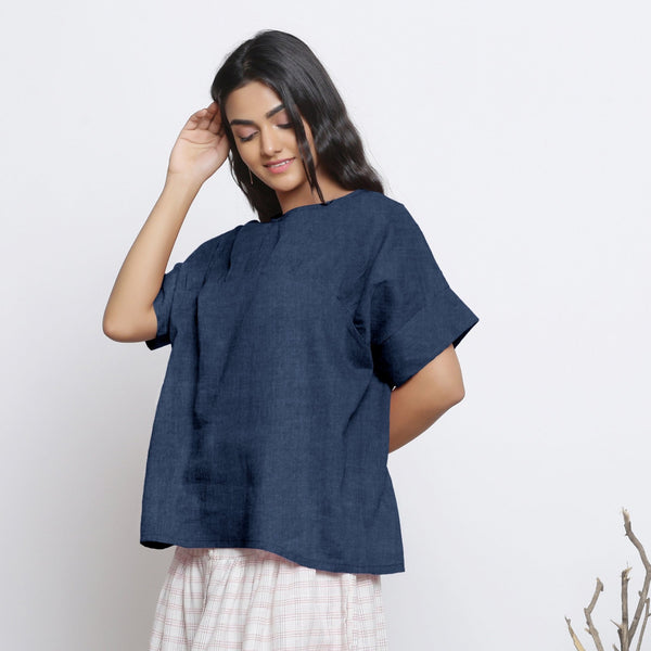 Navy Blue Cotton Linen Drop Shoulder Sleeves Yoked Top