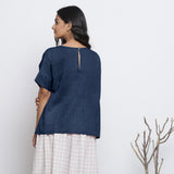 Navy Blue Cotton Linen Drop Shoulder Sleeves Yoked Top