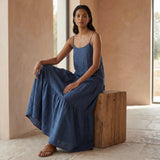 Navy Blue Cotton Linen Drop-Waist Camisole Maxi Tier Dress