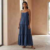 Navy Blue Cotton Linen Drop-Waist Camisole Maxi Tier Dress