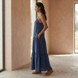 Navy Blue Cotton Linen Drop-Waist Camisole Maxi Tier Dress