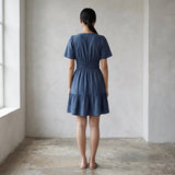 Navy Blue Cotton Linen Elasticated Short Tier Dress