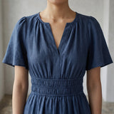 Navy Blue Cotton Linen Elasticated Short Tier Dress