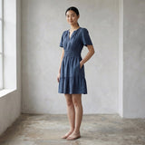 Navy Blue Cotton Linen Elasticated Short Tier Dress