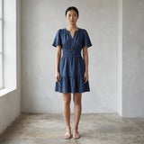 Navy Blue Cotton Linen Elasticated Short Tier Dress