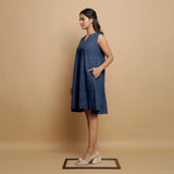 Navy Blue Cotton Linen Embroidered Knee-Length Godet Dress