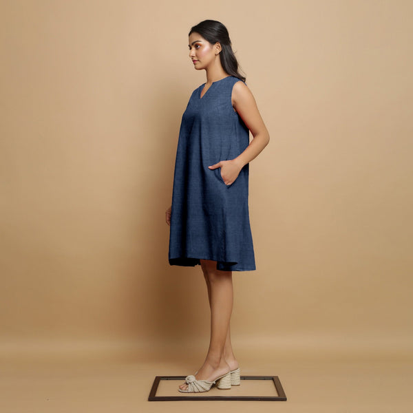 Navy Blue Cotton Linen Embroidered Knee-Length Godet Dress