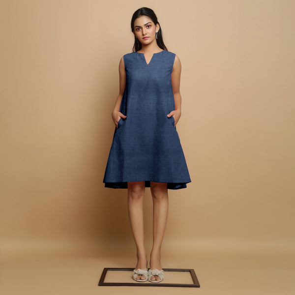 Navy Blue Cotton Linen Embroidered Knee-Length Godet Dress
