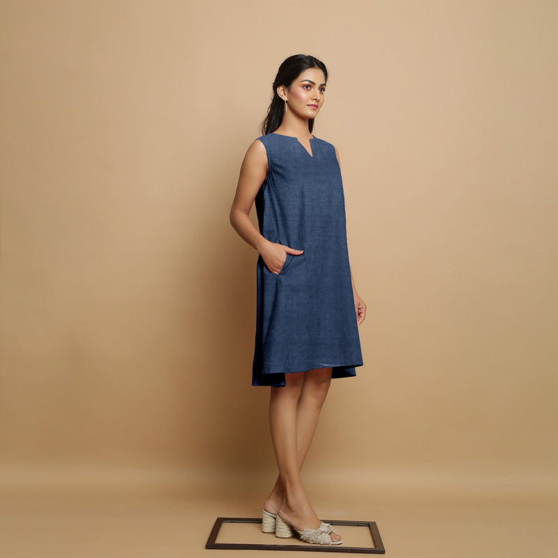 Navy Blue Cotton Linen Embroidered Knee-Length Godet Dress