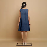 Navy Blue Cotton Linen Embroidered Knee-Length Godet Dress