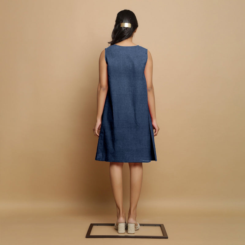 Navy Blue Cotton Linen Embroidered Knee-Length Godet Dress