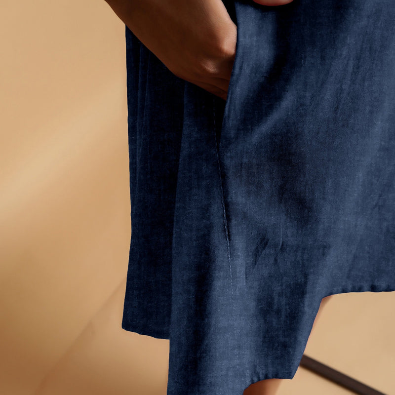 Navy Blue Cotton Linen Embroidered Knee-Length Godet Dress