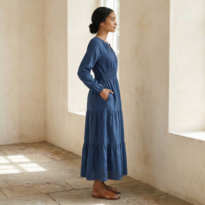 Navy Blue Cotton Linen Fit and Flare Maxi Tier Dress 60