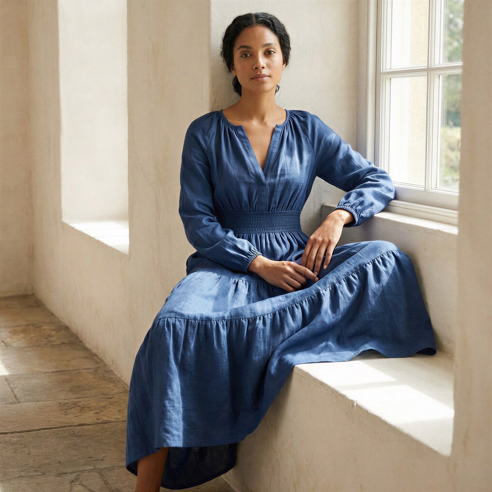 Navy Blue Cotton Linen Fit and Flare Maxi Tier Dress 60