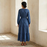 Navy Blue Cotton Linen Fit and Flare Maxi Tier Dress