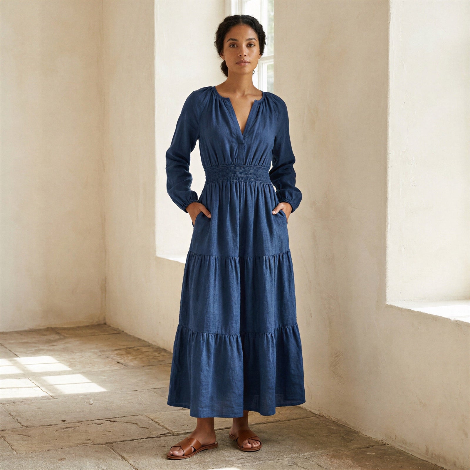 Navy Blue Cotton Linen Fit and Flare Maxi Tier Dress 60