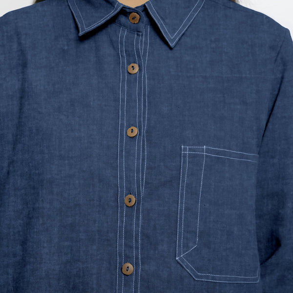 Navy Blue Cotton Linen Full Sleeve Button-Down Shirt