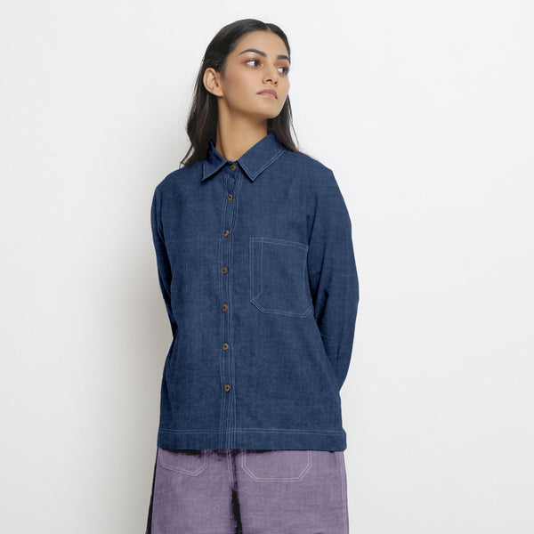 Navy Blue Cotton Linen Full Sleeve Button-Down Shirt