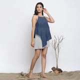 Navy Blue Cotton Linen Halter Neck Handkerchief Top