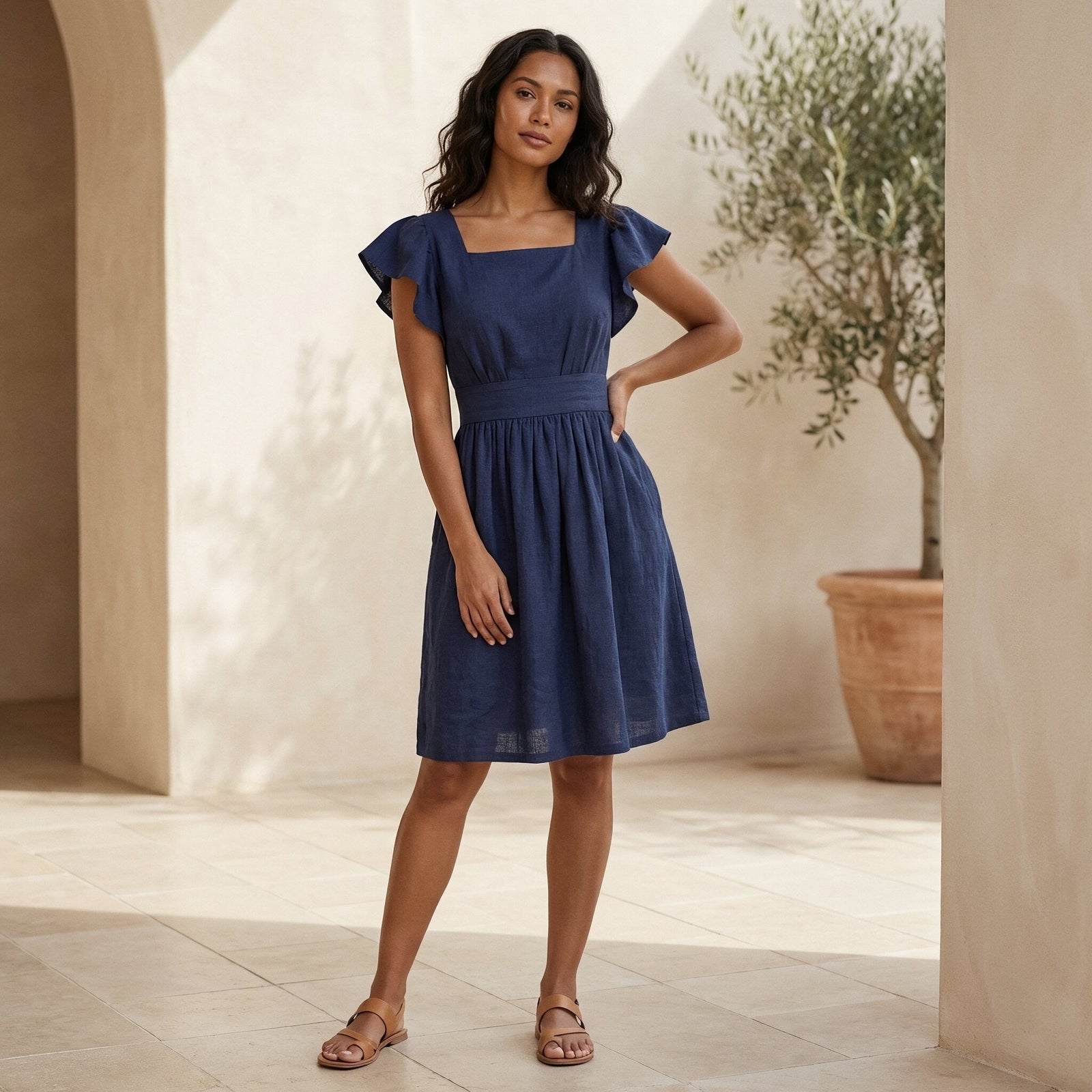 Navy Blue Cotton Linen Open-Back Fit and Flare Knee Length Dress 44
