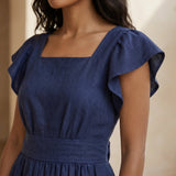 Navy Blue Cotton Linen Open-Back Fit and Flare Knee Length Dress