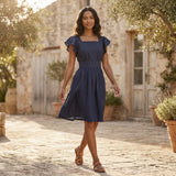 Navy Blue Cotton Linen Open-Back Fit and Flare Knee Length Dress