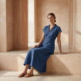Navy Blue Cotton Linen Paneled A-Line Midi Dress