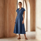 Navy Blue Cotton Linen Paneled A-Line Midi Dress