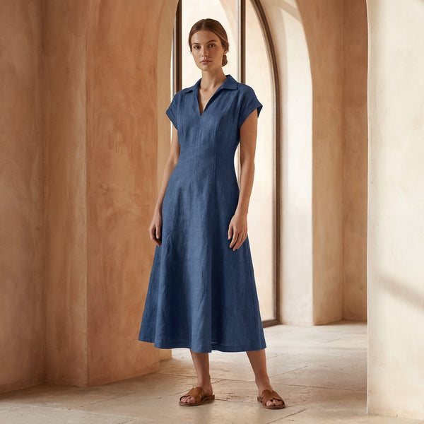 a line midi dress casual Navy Blue Cotton Linen Paneled A-Line 60