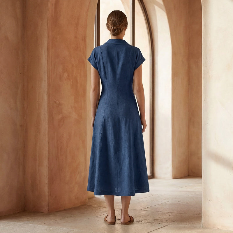 Navy Blue Cotton Linen Paneled A-Line Midi Dress 60