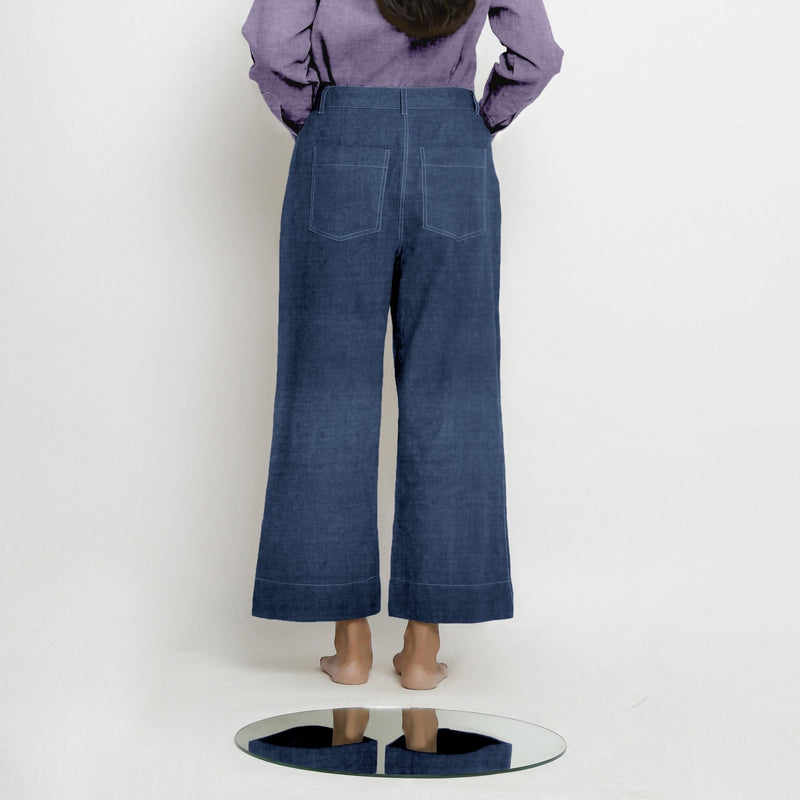 Navy Blue Cotton Linen Patch Pocket Wide Legged Pant