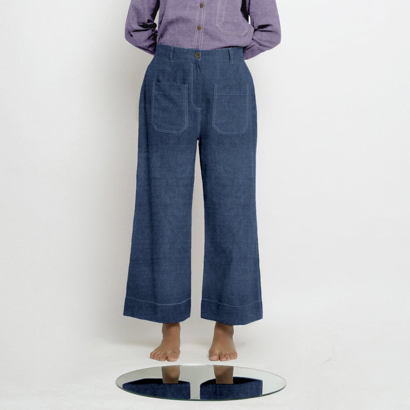 Navy Blue Cotton Linen Patch Pocket Wide Legged Pant