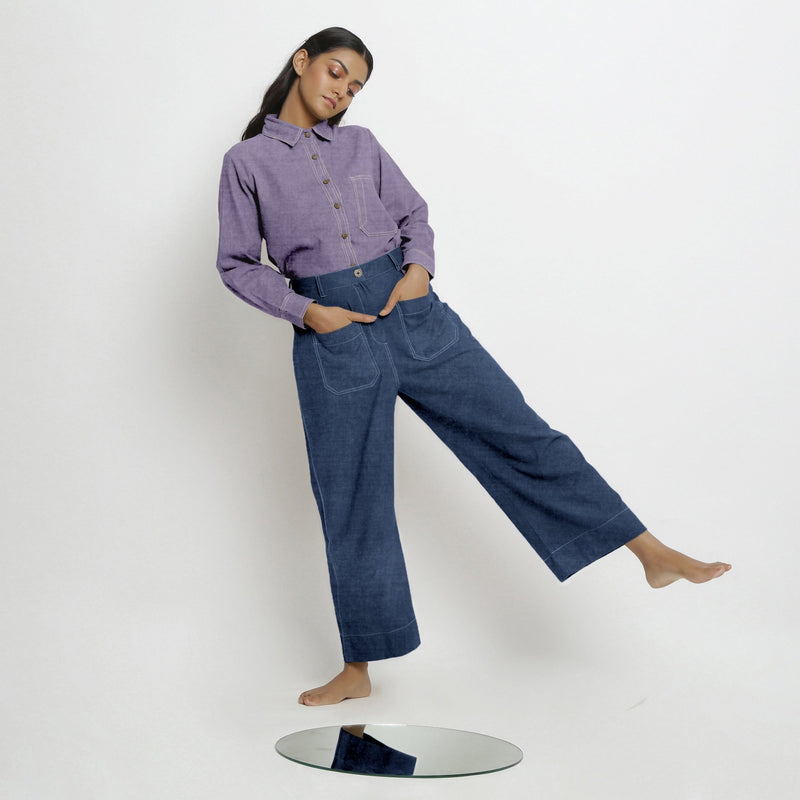 Navy Blue Cotton Linen Patch Pocket Wide Legged Pant