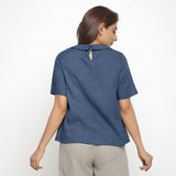 Navy Blue Cotton Linen Peter Pan Collar Half Sleeve Top