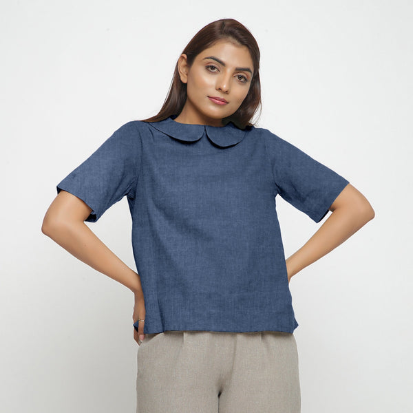 Navy Blue Cotton Linen Peter Pan Collar Half Sleeve Top