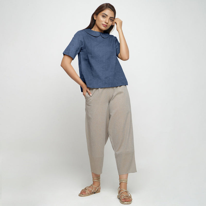 Navy Blue Cotton Linen Peter Pan Collar Half Sleeve Top