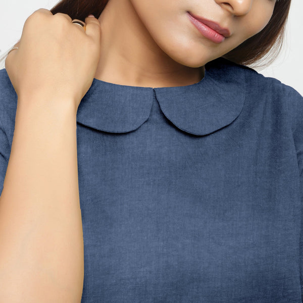 Navy Blue Cotton Linen Peter Pan Collar Half Sleeve Top