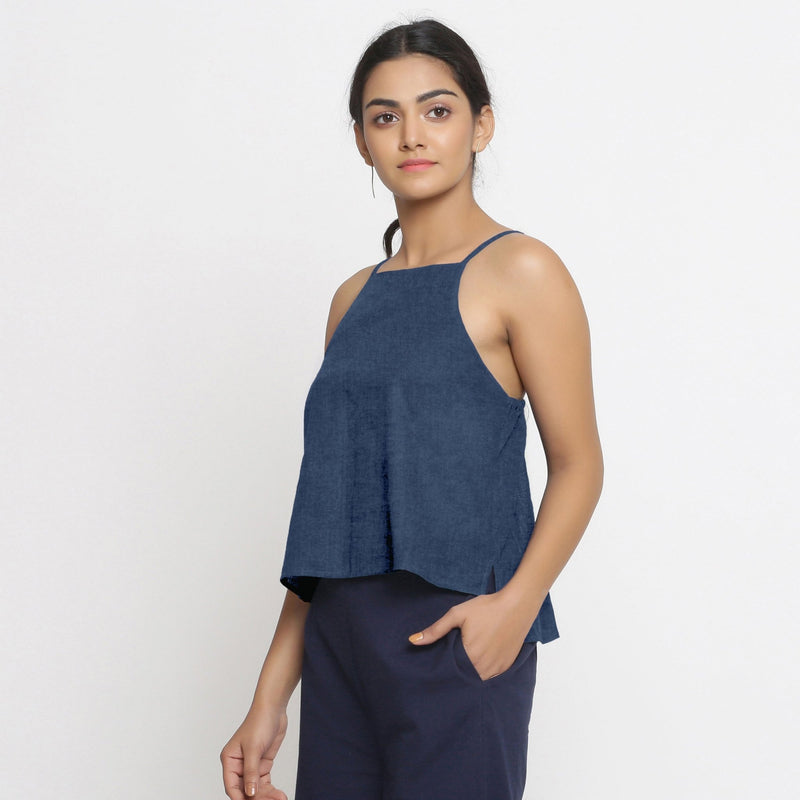 Navy Blue Cotton Linen Relaxed Fit Spaghetti Top