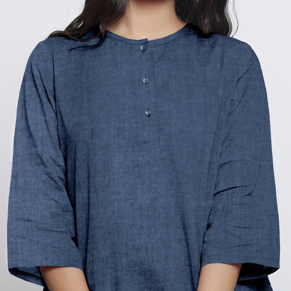 Navy Blue Cotton Linen Round Neck A-Line Top