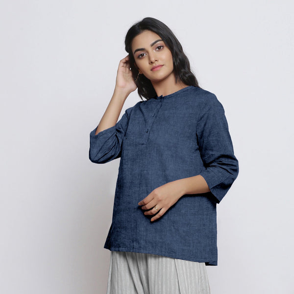 Navy Blue Cotton Linen Round Neck A-Line Top