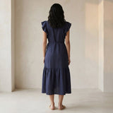 Navy Blue Cotton Linen Ruffle Midi Wrap Dress