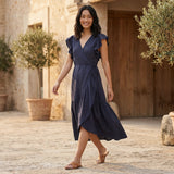 Navy Blue Cotton Linen Ruffle Midi Wrap Dress
