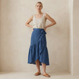 Navy Blue Cotton Linen Ruffle Midi Wrap Skirt