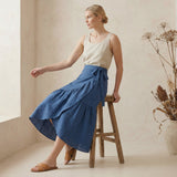 Navy Blue Cotton Linen Ruffle Midi Wrap Skirt