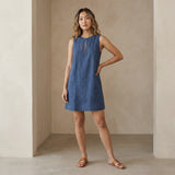 Navy Blue Cotton Linen Sleeveless A-Line Short Shift Dress